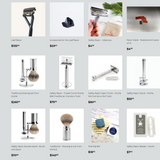 12 products from personal grooming collection showing leaf razor, leaf accessories, albatross razors, muhle razors, shaving brushes, shaving bar by mia belle