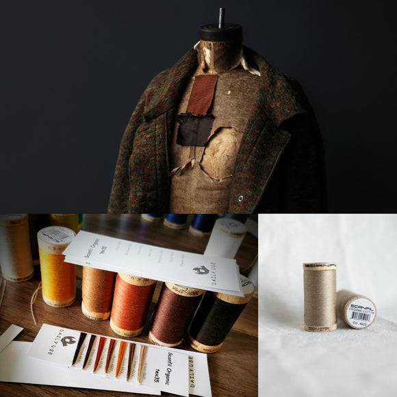 3 photo collage, coat ontaylors mannequin, sample selection of scanfil organic cotton thread in autumn colours and single cotton spool in wheat