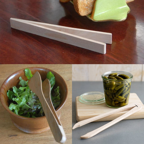 Set of wooden tongs used for various purposes including salad, pickles, and bread.