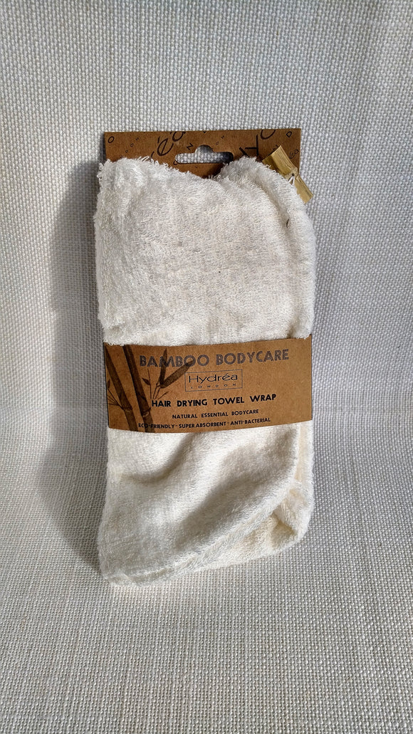 Hair Drying turban style towel, made of bamboo and cotton in a terry cloth loop finish, the colour of this hair wrap in natural/off white. 