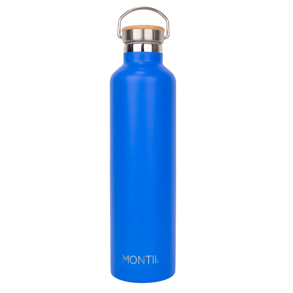1 lt drink bottle in blue with stainless steel and bamboo lid