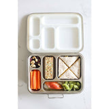shows open bento lunch box with food in 5 separate compartments and the leak proof silicone seal insert in hinged lid